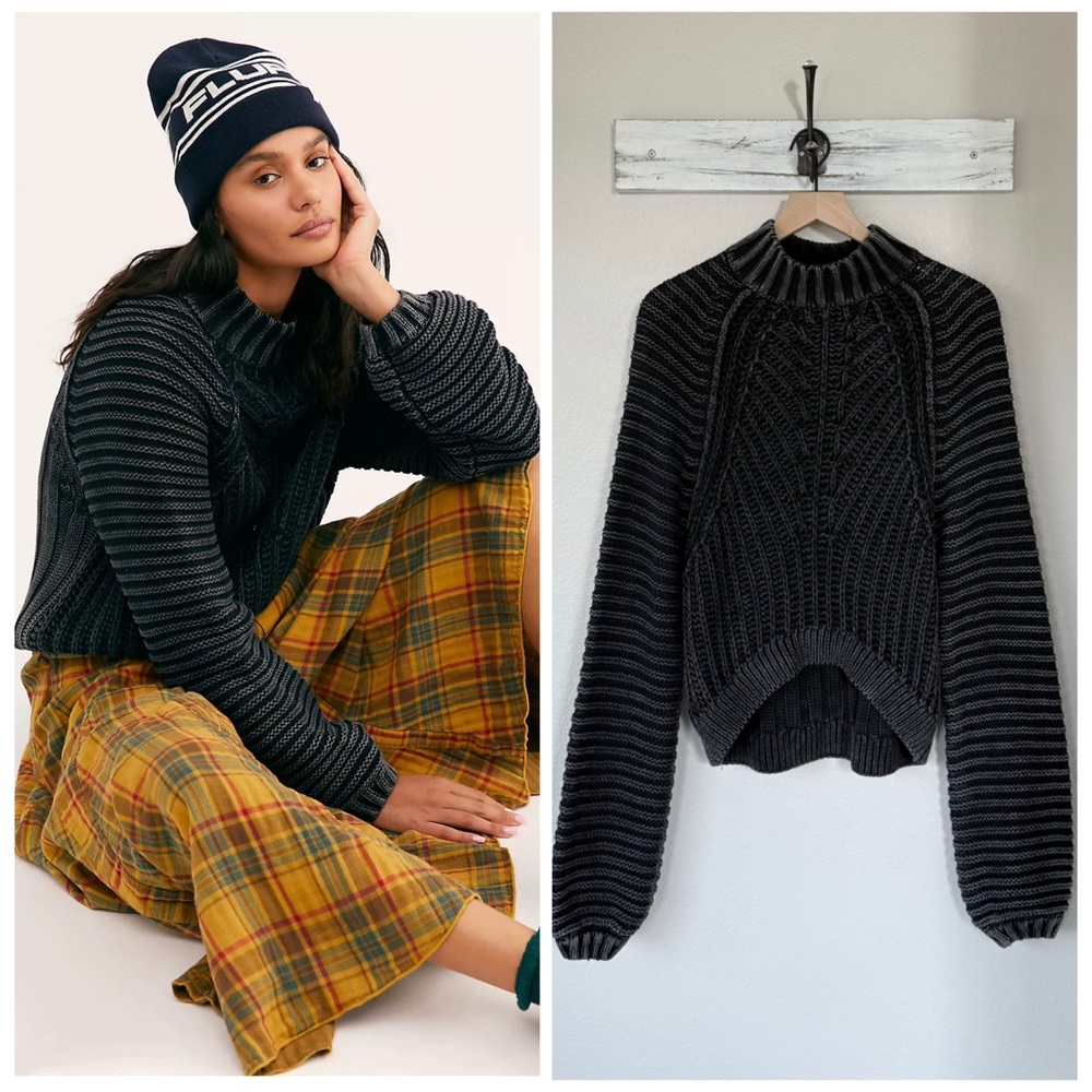 FREE PEOPLE XS S Sweetheart Sweater • Black Washed Cotton Chunky Knit Mock Neck